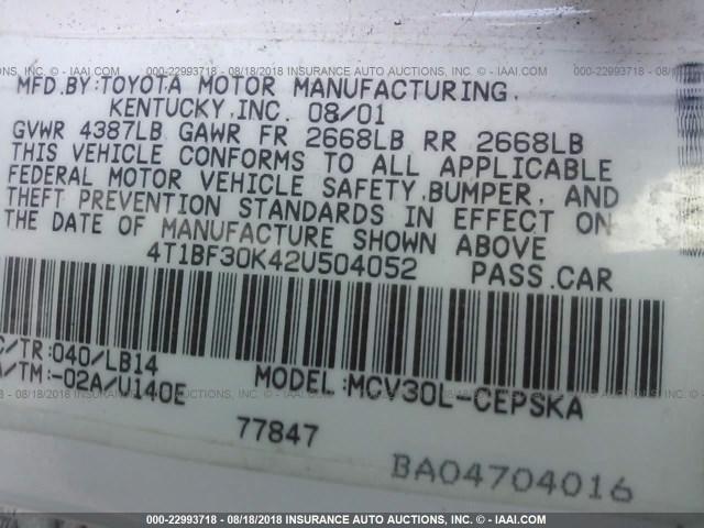 4T1BF30K42U504052 - 2002 TOYOTA CAMRY LE/XLE/SE WHITE photo 9