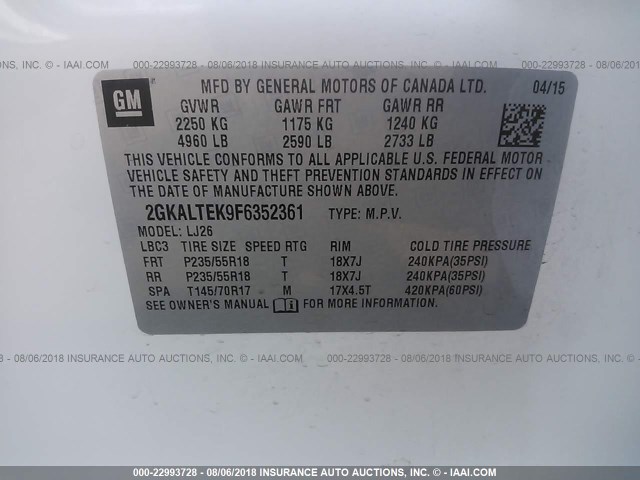 2GKALTEK9F6352361 - 2015 GMC TERRAIN SLT WHITE photo 9