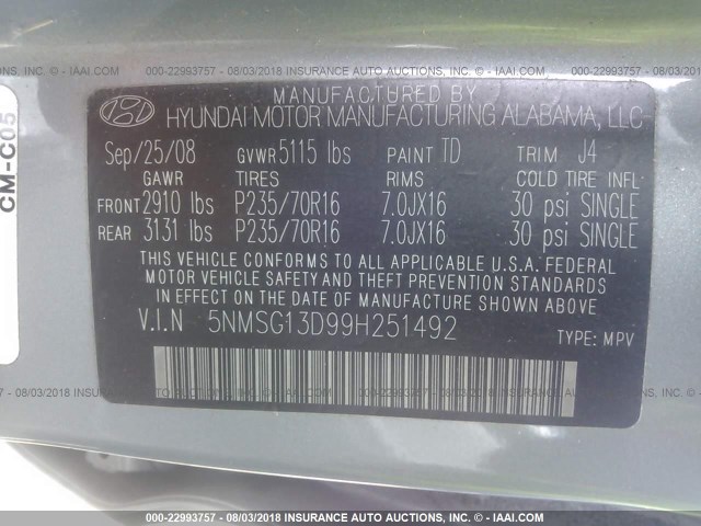 5NMSG13D99H251492 - 2009 HYUNDAI SANTA FE GLS BLUE photo 9