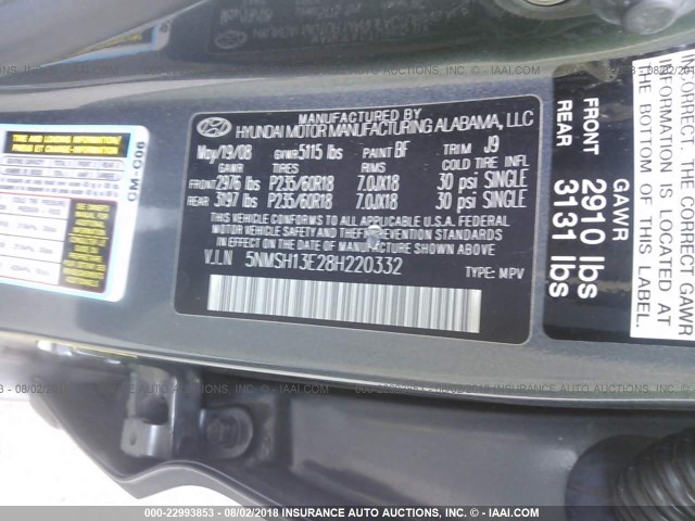 5NMSH13E28H220332 - 2008 HYUNDAI SANTA FE SE/LIMITED GRAY photo 9