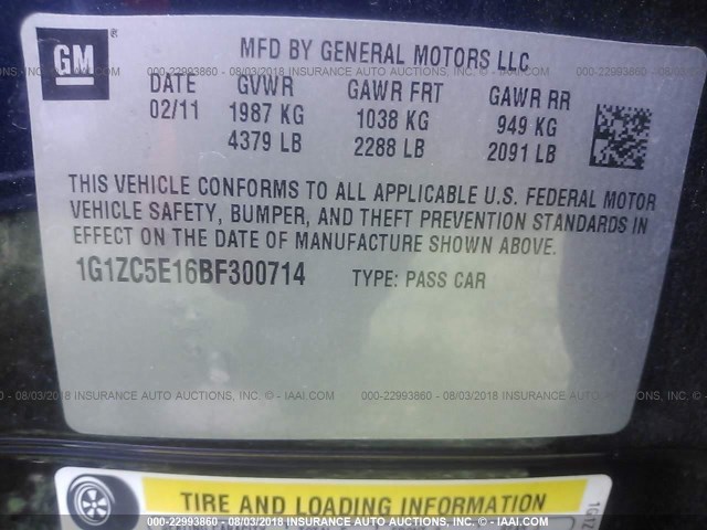 1G1ZC5E16BF300714 - 2011 CHEVROLET MALIBU 1LT 蓝色 照片 9