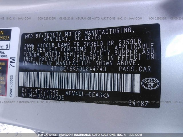 4T1BE46K79U844743 - 2009 TOYOTA CAMRY SE/LE/XLE 银色 照片 9