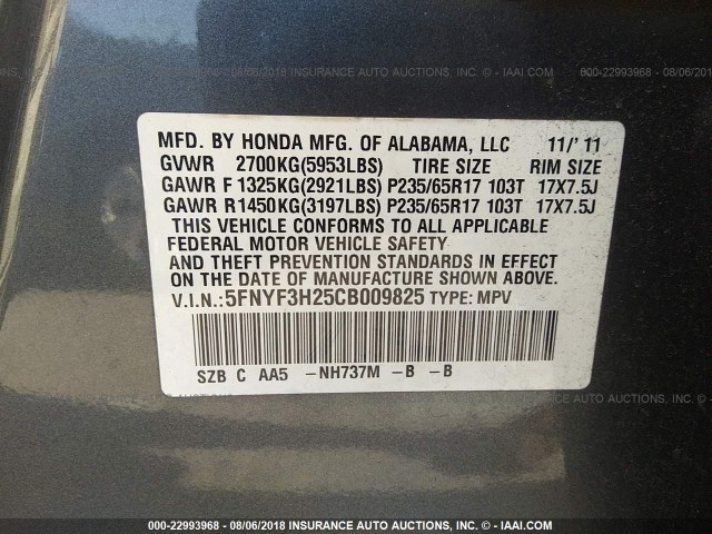 5FNYF3H25CB009825 - 2012 HONDA PILOT LX GRAY photo 9