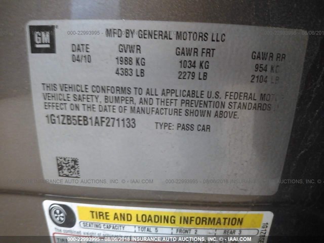 1G1ZB5EB1AF271133 - 2010 CHEVROLET MALIBU LS 棕色 照片 9