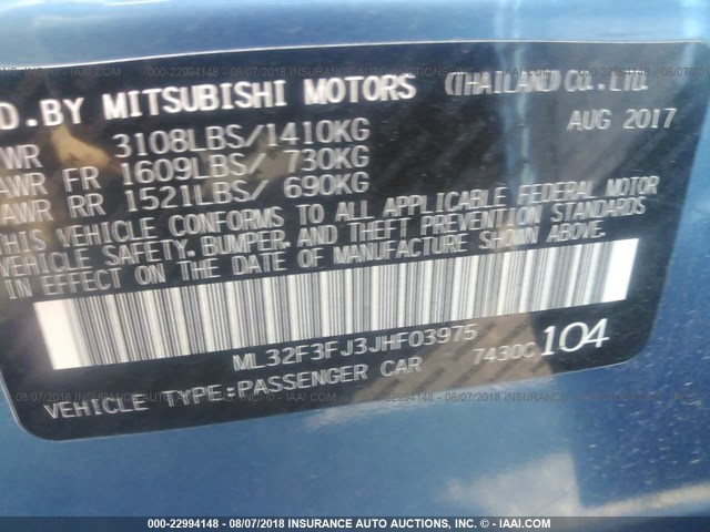 ML32F3FJ3JHF03975 - 2018 MITSUBISHI MIRAGE G4 ES BLUE photo 9