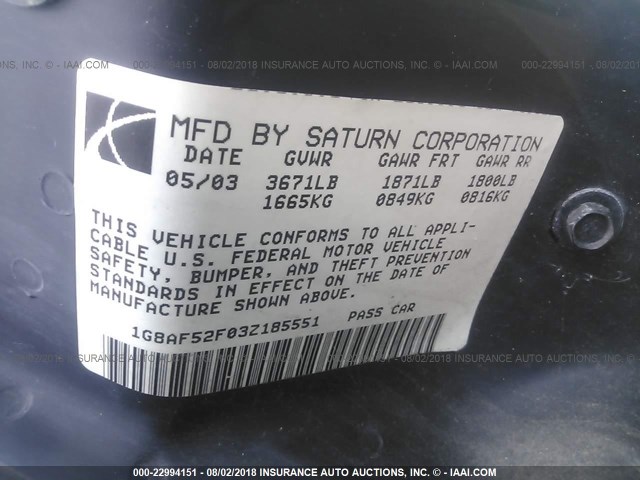 1G8AF52F03Z185551 - 2003 SATURN ION LEVEL 1 SILVER photo 9