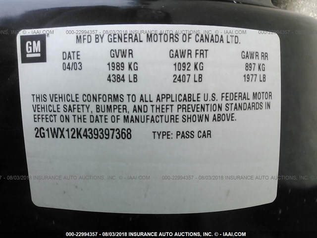 2G1WX12K439397368 - 2003 CHEVROLET MONTE CARLO SS შავი ფოტო 9