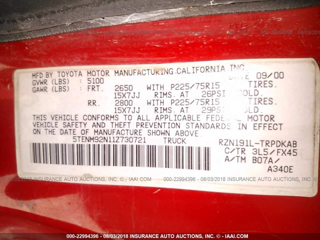 5TENM92N11Z730721 - 2001 TOYOTA TACOMA PRERUNNER RED photo 9