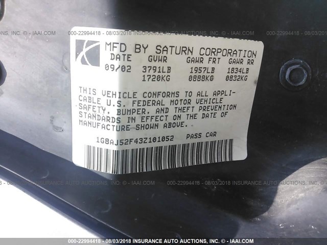 1G8AJ52F43Z101052 - 2003 SATURN ION LEVEL 2 银色 照片 9