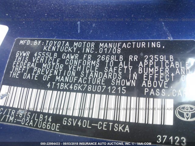 4T1BK46K78U071215 - 2008 TOYOTA CAMRY LE/XLE/SE Mavi foto 9