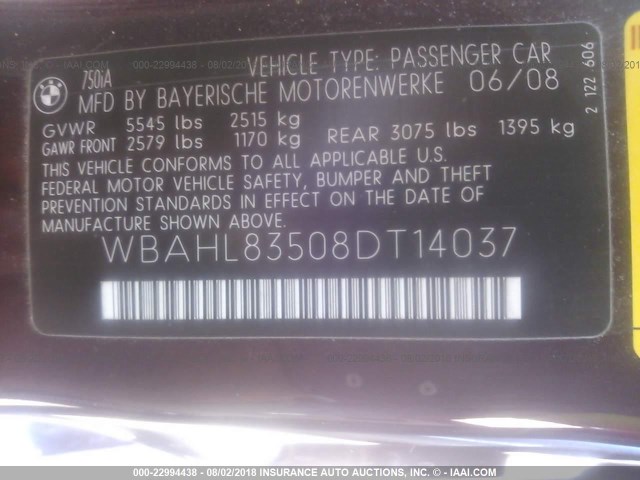 WBAHL83508DT14037 - 2008 BMW 750 I PURPLE photo 9
