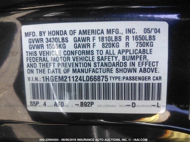 1HGEM21124L066875 - 2004 HONDA CIVIC DX VP BLACK photo 9