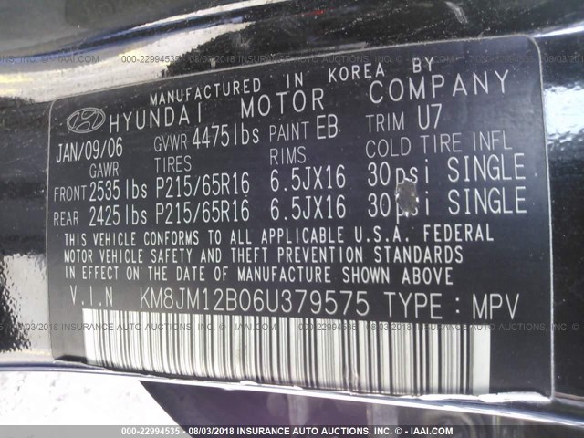 KM8JM12B06U379575 - 2006 HYUNDAI TUCSON GL BLACK photo 9