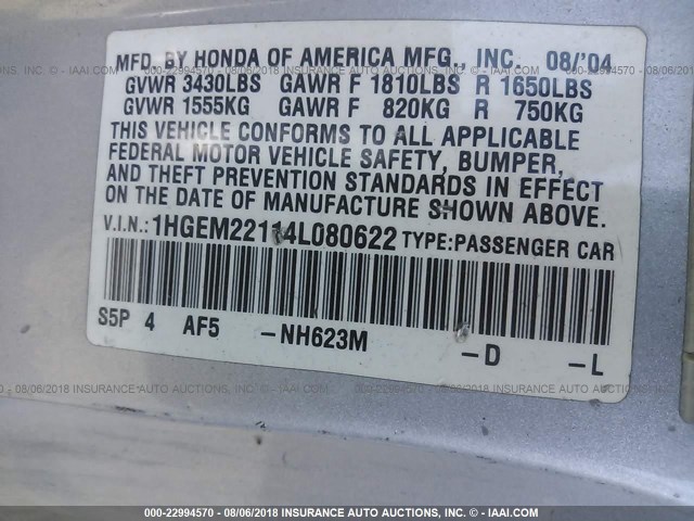 1HGEM22114L080622 - 2004 HONDA CIVIC DX VP SILVER photo 9