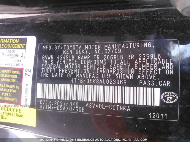 4T1BF3EK8AU023969 - 2010 TOYOTA CAMRY SE/LE/XLE BLACK photo 9