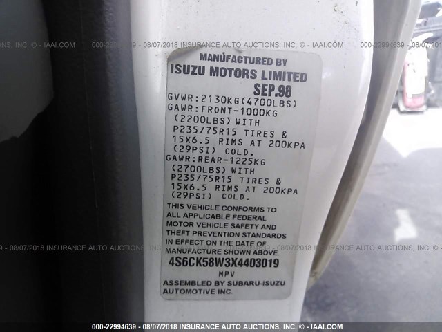 4S6CK58W3X4403019 - 1999 HONDA PASSPORT EX/LX Սպիտակ լուսանկար 9