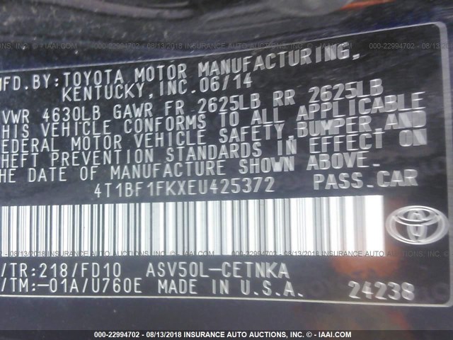 4T1BF1FKXEU425372 - 2014 TOYOTA CAMRY L/SE/LE/XLE Qara foto 9