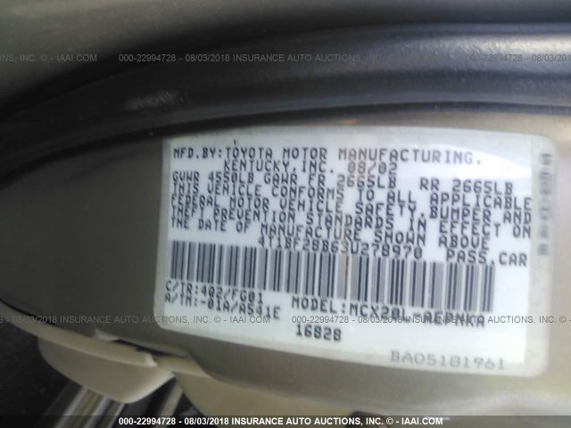 4T1BF28B63U278970 - 2003 TOYOTA AVALON XL/XLS Champagne photo 9