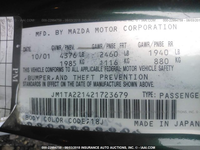 JM1TA221421723679 - 2002 MAZDA MILLENIA GREEN photo 9