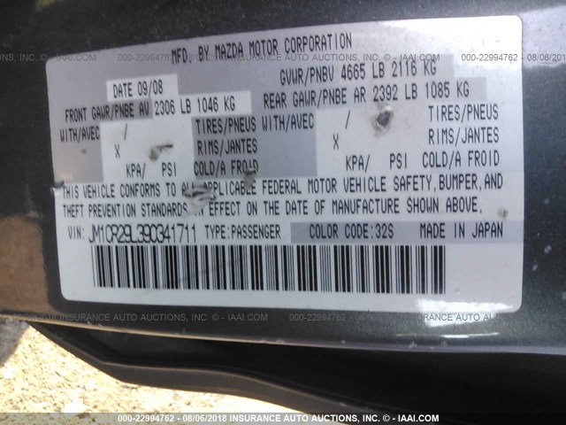 JM1CR29L390341711 - 2009 MAZDA 5 GRAY photo 9