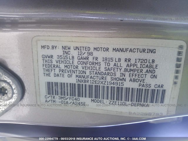 1NXBR12E2XZ194915 - 1999 TOYOTA COROLLA VE/CE/LE 棕色 照片 9