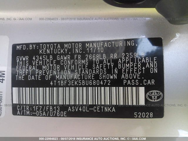 4T1BF3EK5BU680472 - 2011 TOYOTA CAMRY SE/LE/XLE SILVER photo 9