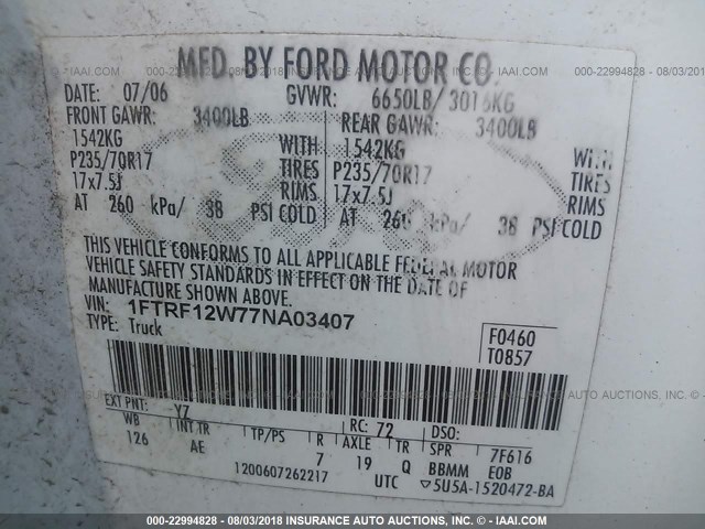 1FTRF12W77NA03407 - 2007 FORD F150 白色 照片 9
