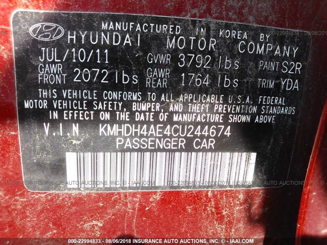 KMHDH4AE4CU244674 - 2012 HYUNDAI ELANTRA GLS/LIMITED RED photo 9