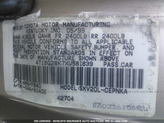 4T1BG28K7XU581839 - 1999 TOYOTA CAMRY CE/LE/XLE 棕色 照片 9