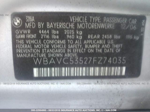 WBAVC53527FZ74035 - 2007 BMW 328 I SULEV SILVER photo 9