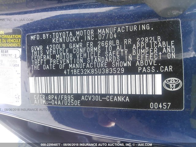 4T1BE32K85U383529 - 2005 TOYOTA CAMRY LE/XLE/SE Mavi foto 9