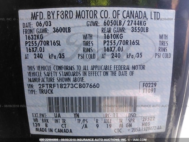 2FTRF18273CB07660 - 2003 FORD F150 BLACK photo 9