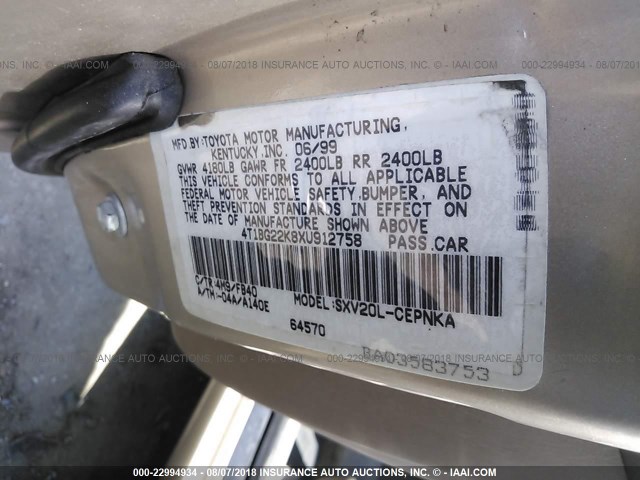 4T1BG22K8XU912758 - 1999 TOYOTA CAMRY CE/LE/XLE 棕色 照片 9