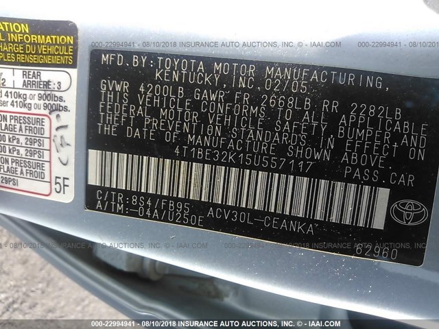 4T1BE32K15U557117 - 2005 TOYOTA CAMRY LE/XLE/SE 浅蓝色 照片 9