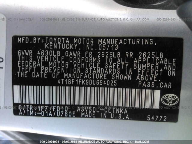 4T1BF1FK9DU694025 - 2013 TOYOTA CAMRY L/SE/LE/XLE 银色 照片 9