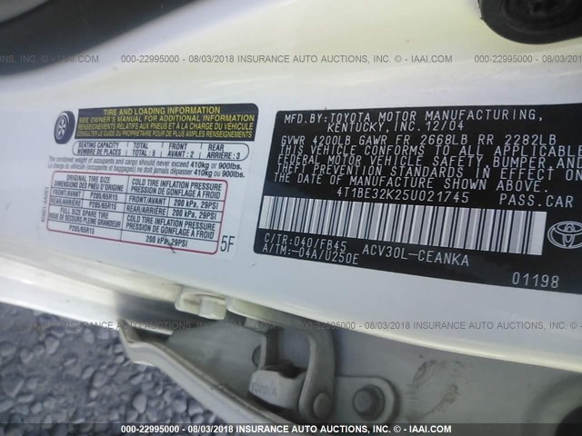 4T1BE32K25U021745 - 2005 TOYOTA CAMRY LE/XLE/SE Ağ foto 9