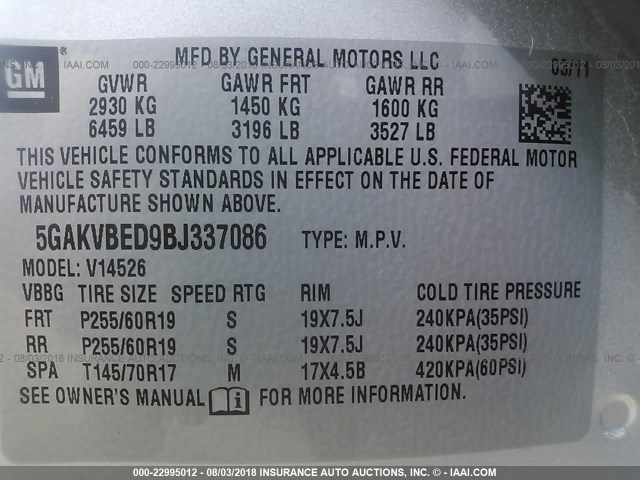 5GAKVBED9BJ337086 - 2011 BUICK ENCLAVE CXL SILVER photo 9