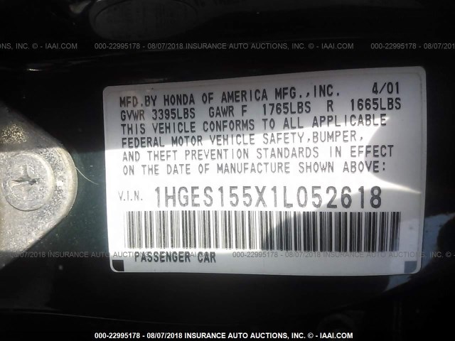 1HGES155X1L052618 - 2001 HONDA CIVIC LX GREEN photo 9