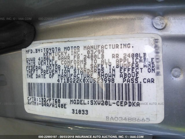 4T1BG22K0XU523998 - 1999 TOYOTA CAMRY CE/LE/XLE 灰色 照片 9
