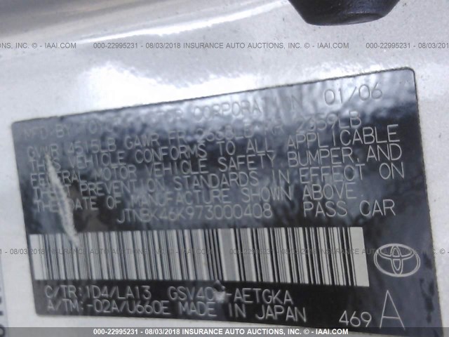 JTNBK46K973000408 - 2007 TOYOTA CAMRY NEW GENERAT LE/XLE/SE SILVER photo 9