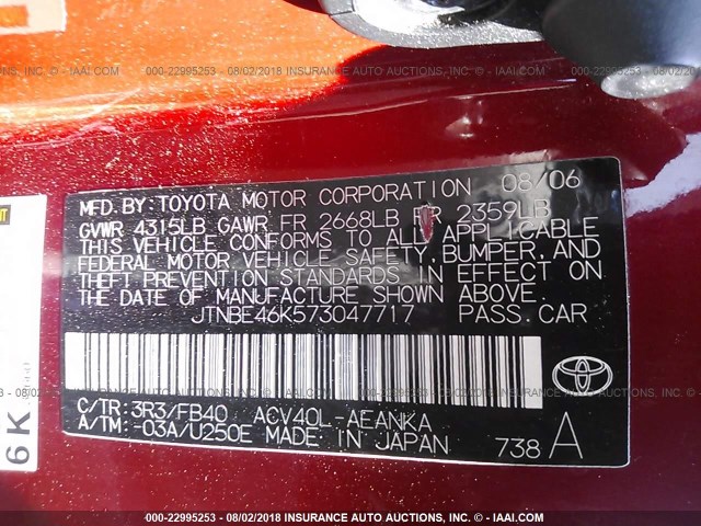 JTNBE46K573047717 - 2007 TOYOTA CAMRY NEW GENERAT CE/LE/XLE/SE RED photo 9