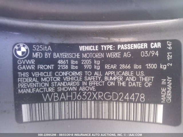 WBAHJ632XRGD24478 - 1994 BMW 525 IT AUTOMATIC GRAY photo 9