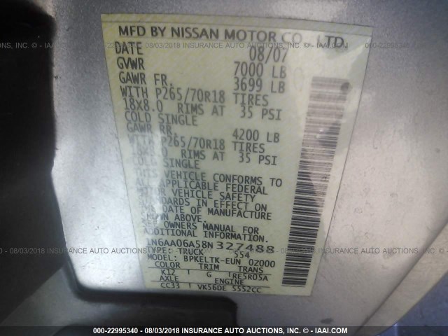 1N6AA06A58N327488 - 2008 NISSAN TITAN XE/LE/SE SILVER photo 9