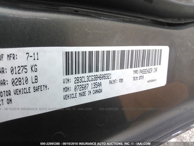 2B3CL3CG3BH608321 - 2011 DODGE CHARGER GRAY photo 9