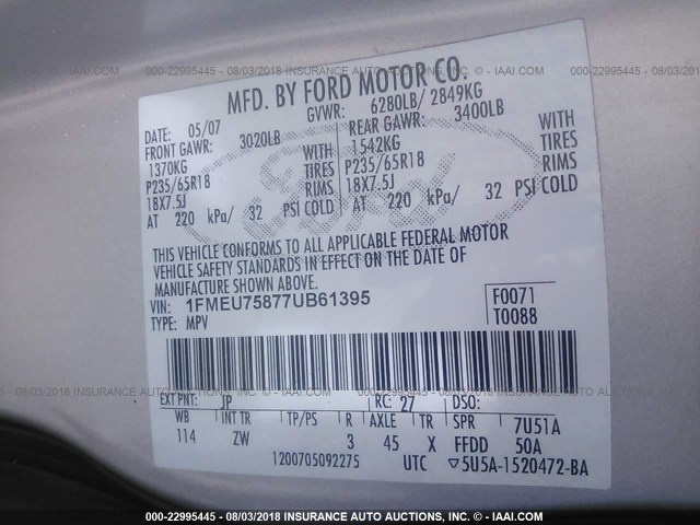 1FMEU75877UB61395 - 2007 FORD EXPLORER LIMITED SILVER photo 9