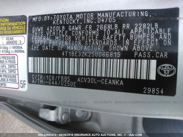 4T1BE32K25U066815 - 2005 TOYOTA CAMRY LE/XLE/SE Boz foto 9