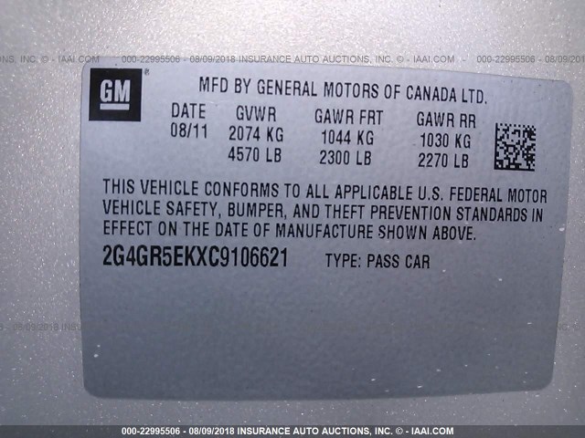 2G4GR5EKXC9106621 - 2012 BUICK REGAL GOLD photo 9