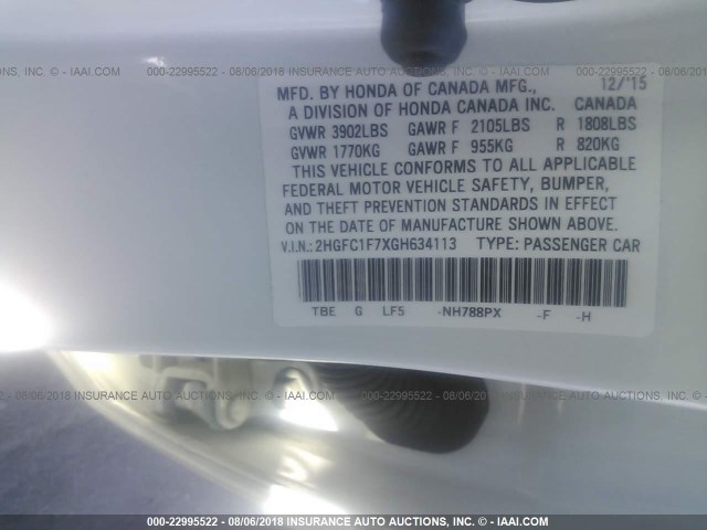 2HGFC1F7XGH634113 - 2016 HONDA CIVIC EXL 白色 照片 9