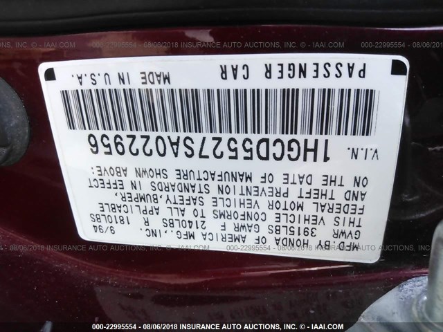 1HGCD5527SA022956 - 1995 HONDA ACCORD DX RED photo 9