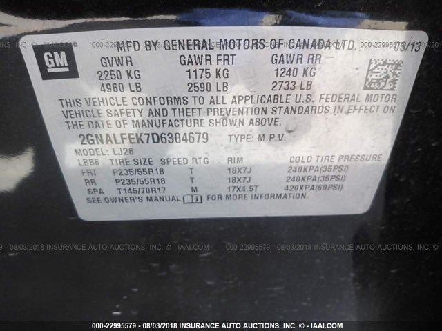 2GNALFEK7D6304679 - 2013 CHEVROLET EQUINOX LTZ BLACK photo 9